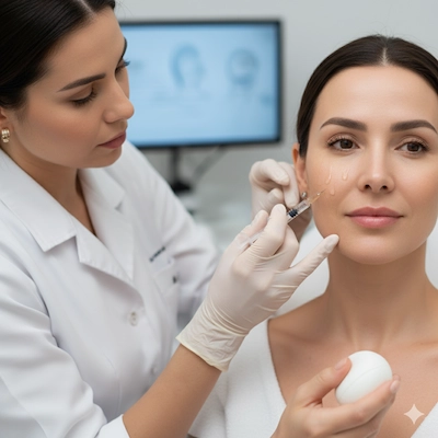 Profissional de estética aplicando tratamento injetável facial em paciente em clínica especializada em Belo Horizonte.